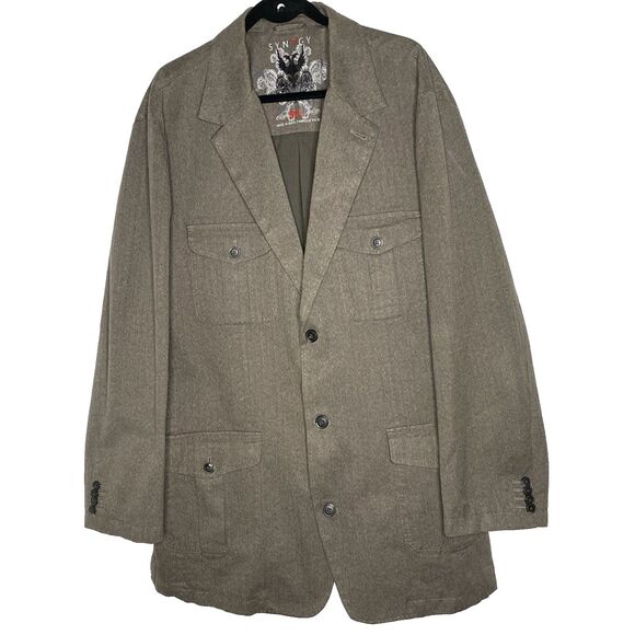 SYNRGY Herringbone Sport Coat Blazer 4 Pockets Single Breasted Mens 50L Brown